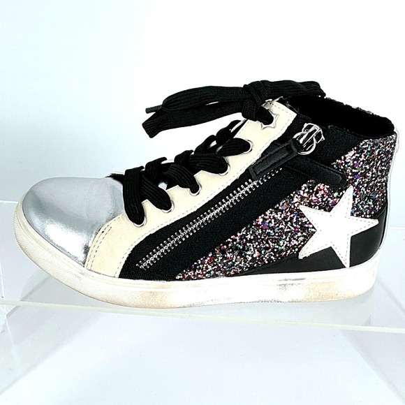Nina Size 13 Kids Yuti Star High Top Sneakers Silver Black Glitter Lace Up Zip - Picture 8 of 16